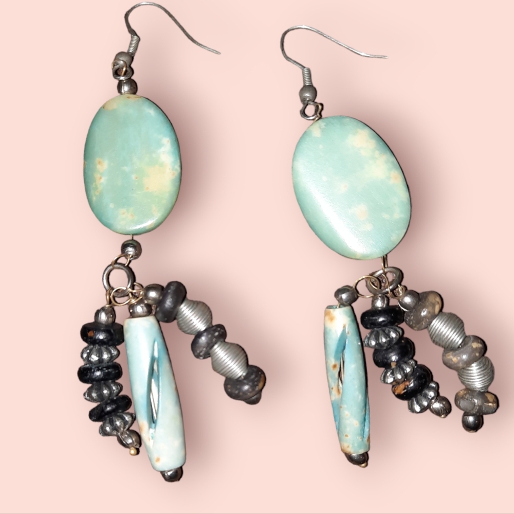 Vintage Robin's egg blue jasper ? Gemstone beaded earrings Poss 925hook